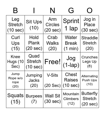 Fitness Bingo Card