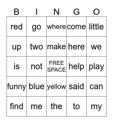 Preprimer Bingo Card