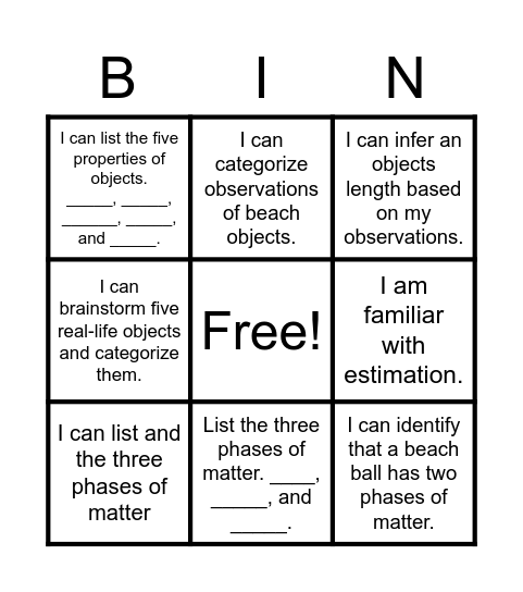 Observation Bingo Checklist Bingo Card