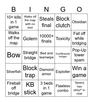 Bed Wars bingo Card