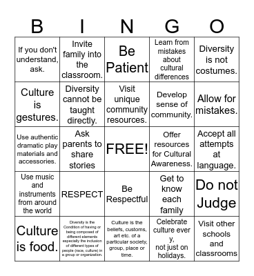 Cultural Bingo Card