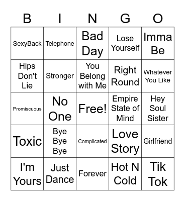 2000's Musical Bingo Card