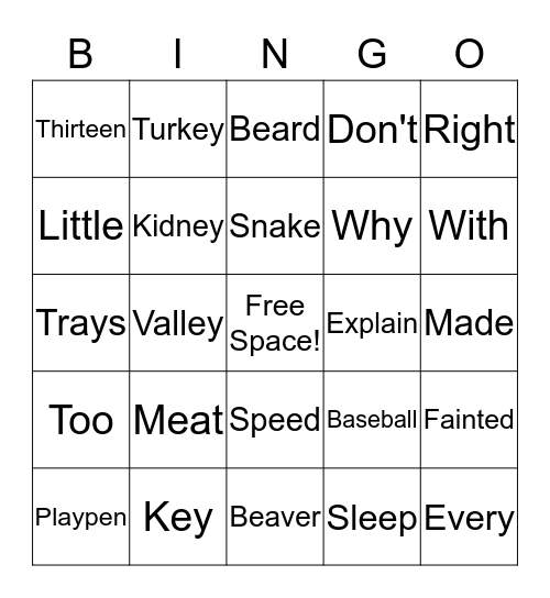 Spelling Bingo Card