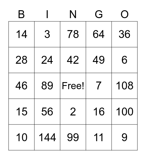 Multiplication Bingo Card