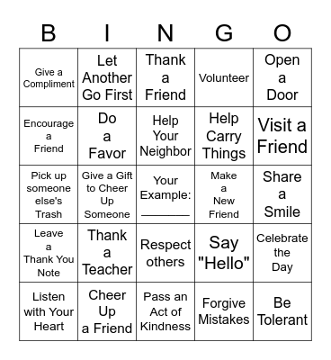 Random Acts of Kindness Bingo Card