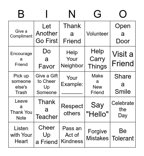 Random Acts of Kindness Bingo Card