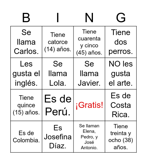 La carta de Josefina Bingo Card