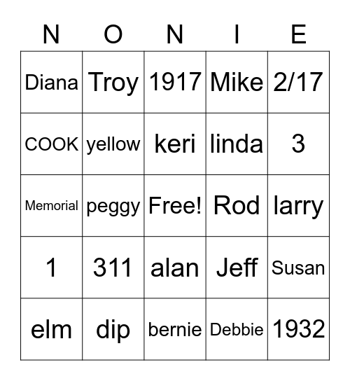 Nonie Bingo Card