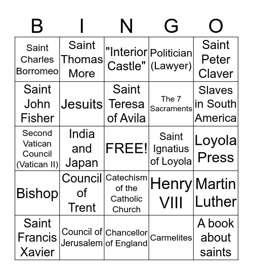 Council of Trent + Saints of the 1500s Bingo Card