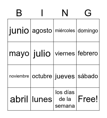 Los días de la semana y los meses del año Bingo Card