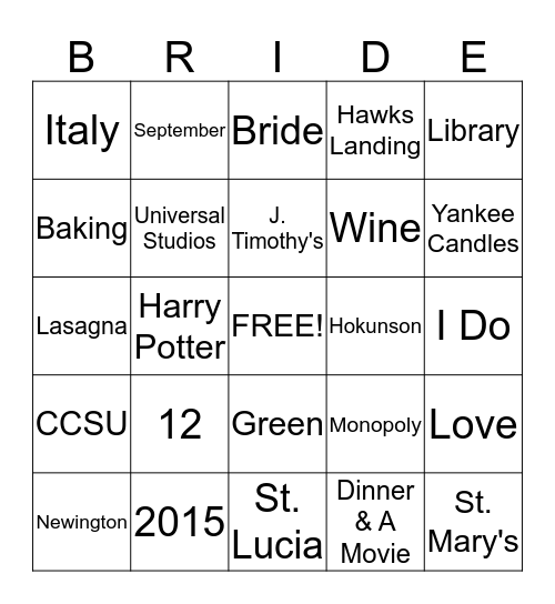 Heather's Bridal Bingo!  Bingo Card