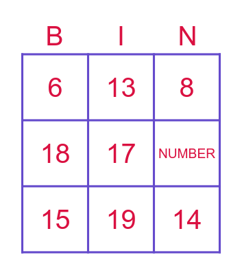 Number Bingo 1 to 20 Bingo Card
