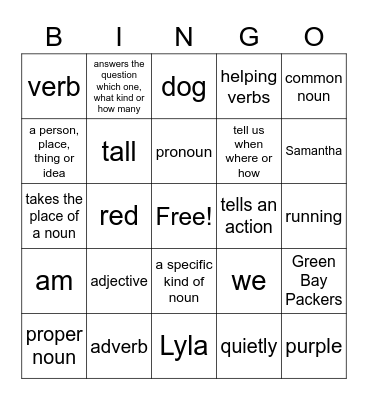 parts of speech Bingo Card