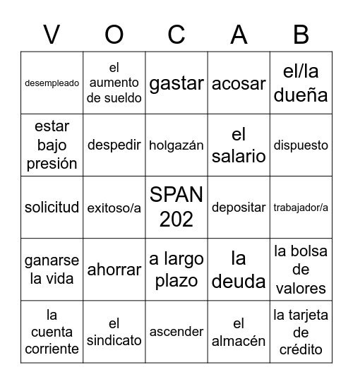 Lección 7: Vocabulario Bingo Card