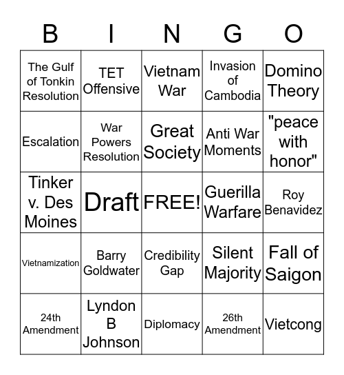 Life in Cold War Amercia 1963-1975 Bingo Card