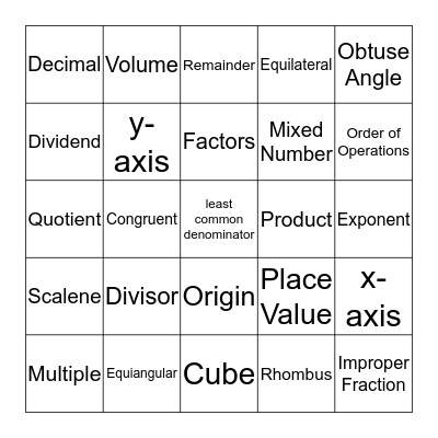 Math Vocabulary Bingo Card