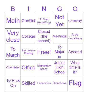 Unit 5 School Vocab Bingo Card