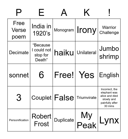 7th Grade English Bingo Card