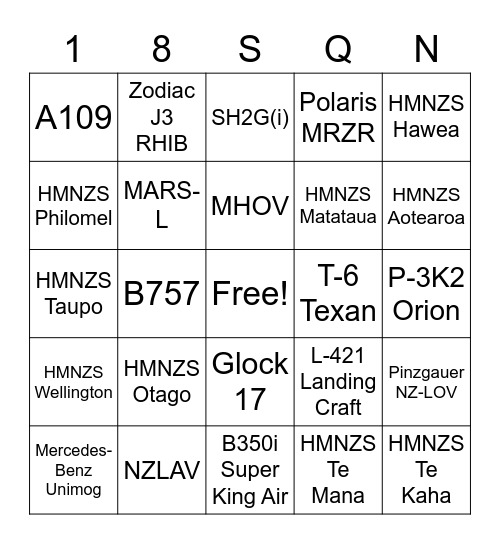 NZDF Weapons, Vehicles & Equipment Bingo Card