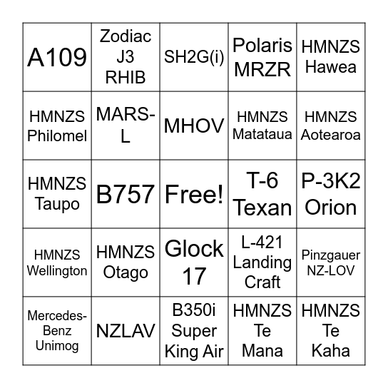 NZDF Weapons, Vehicles & Equipment Bingo Card