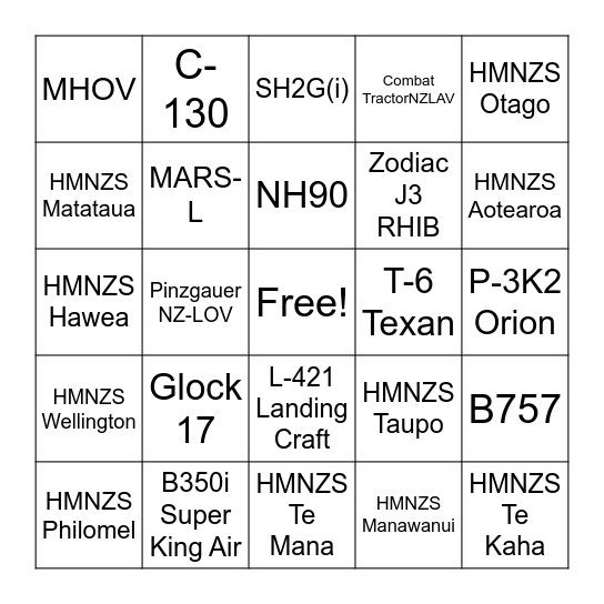 NZDF Weapon, Vehicles & Equipment Bingo Card