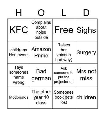 Mrs holder bingo Card