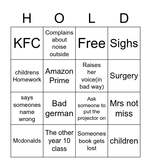 Mrs holder bingo Card