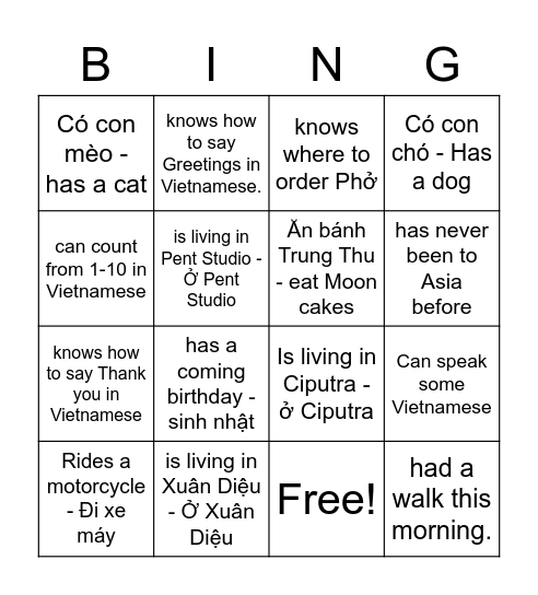 Vietnamese course - Inclusion activity 1 Bingo Card