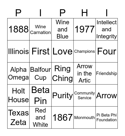 Pi Phi Founder's Day Bingo Card