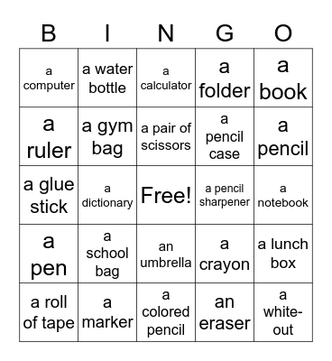 Things I Bring To School Bingo Card
