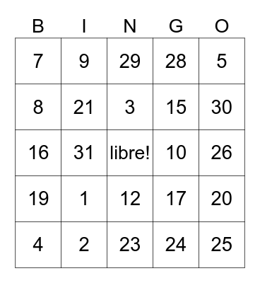 Les Numeros Bingo Card