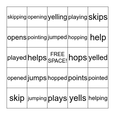Inflectional Endings Bingo Card