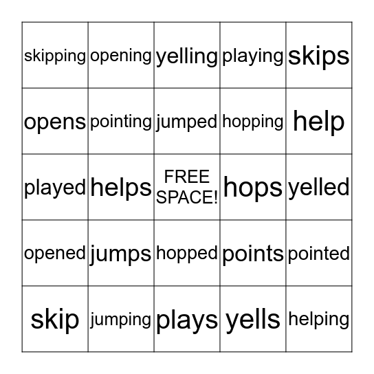 Inflectional Endings Bingo Card