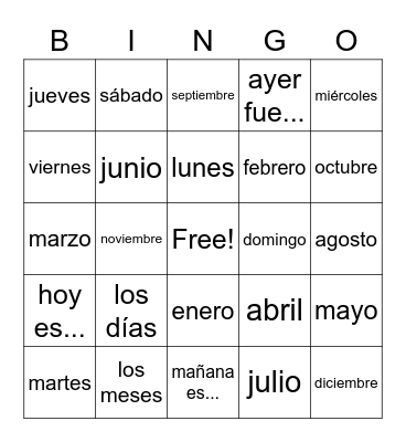 Los días y meses del año Bingo Card