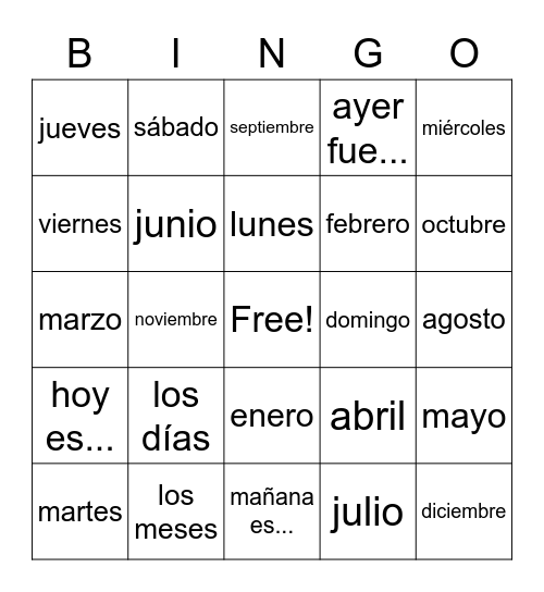 Los días y meses del año Bingo Card