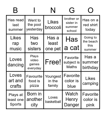 All About Me Bingo Card