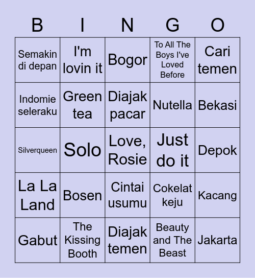 Jennie's Bingo Card