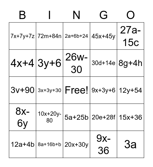 Distributive Property Bingo Card