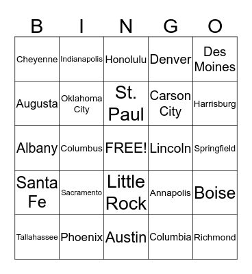 State Capital Bingo Card