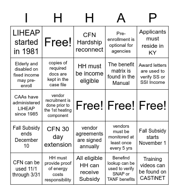 LIHEAP Bingo Card
