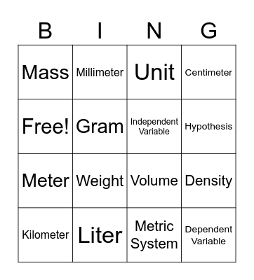 Metric System Bingo Card