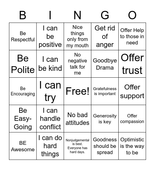 Positive Affirmation Bingo Card