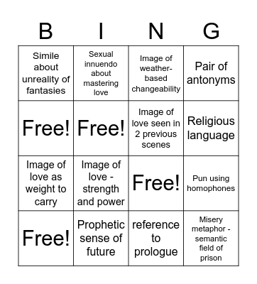 'Romeo and Juliet' Act 1 Scene 4 Bingo Card