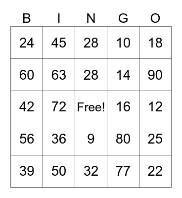Multiplication BINGO Card