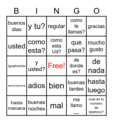 SPANISH Bingo Card