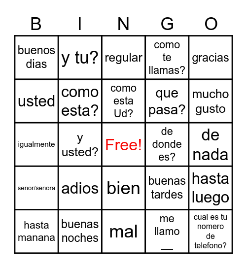 SPANISH Bingo Card