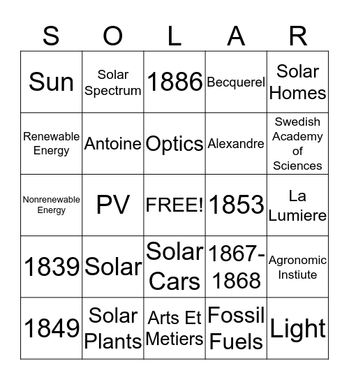 Solar Bingo Card