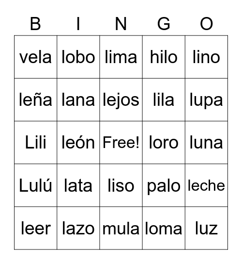 Silabas con Ll Bingo Card
