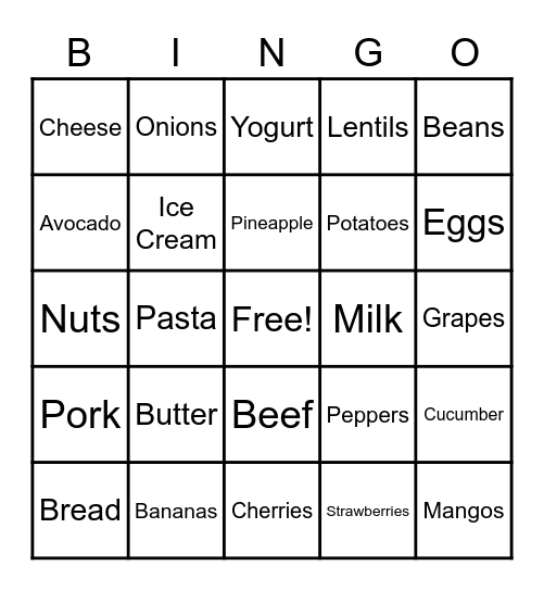 Foods Bingo Card