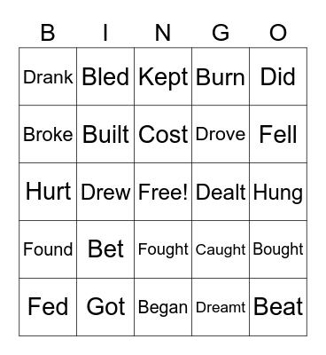 Irregular Verbs Bingo Card